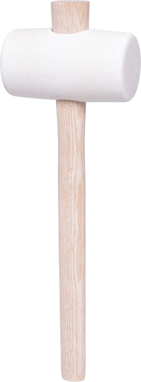 Ein weißer Gummihammer mit hellem Holzstiel, senkrecht ausgerichtet.