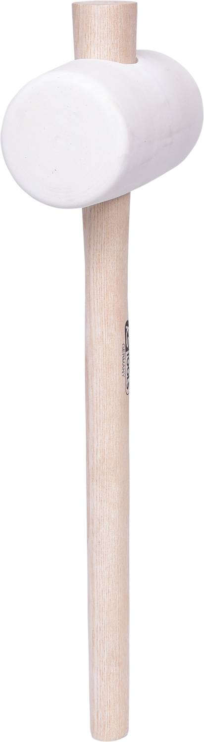 Ein weißer Gummihammer mit einem Holzgriff, vertikal gehalten.