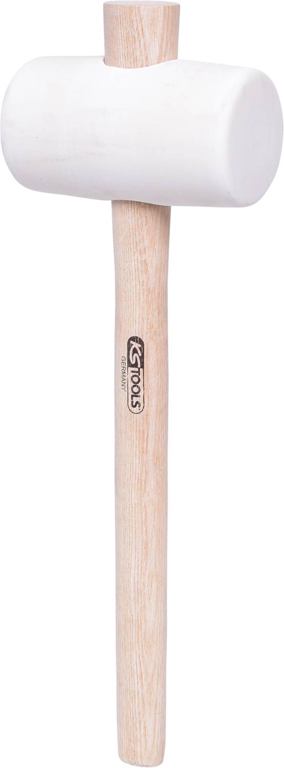 Ein weißer Gummihammer mit einem Holzgriff.