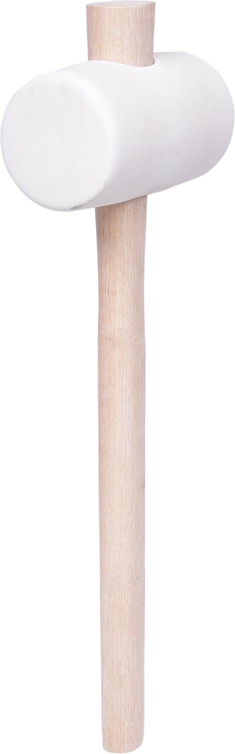 Ein weißer Gummihammer mit hölzernem Stiel, vertikal abgebildet.