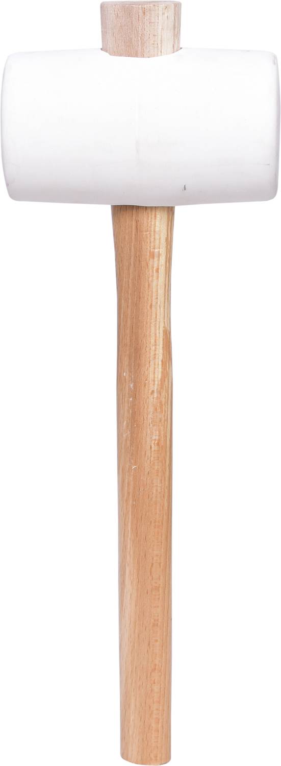 Ein weißer Gummihammer mit einem Holzgriff, vertikal positioniert.