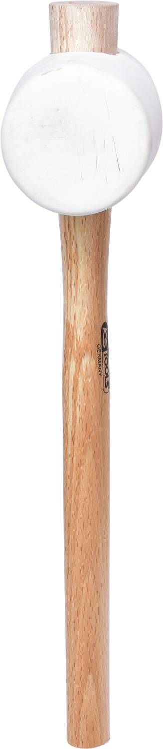 Ein großer hölzerner Hammer mit einem weißen Kopf. Hauptsächlich für schonende Arbeiten im Handwerk genutzt.