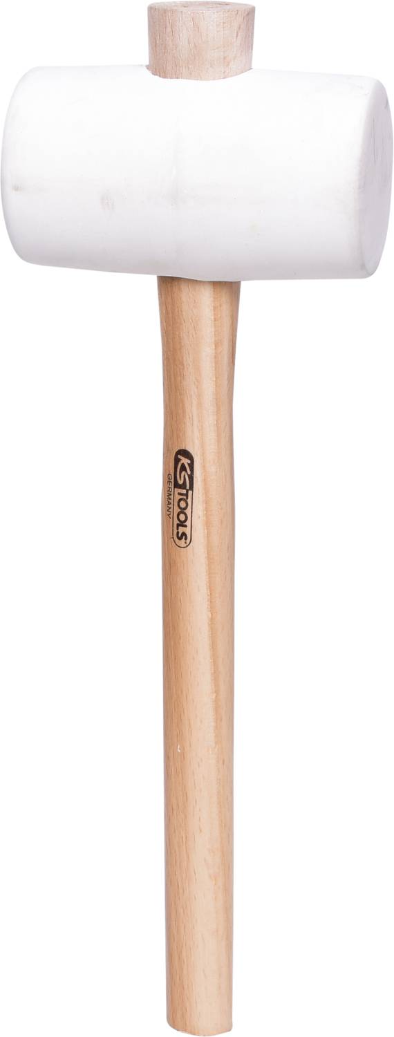Holzhammer mit weißem Gummikopf und Holzgriff.