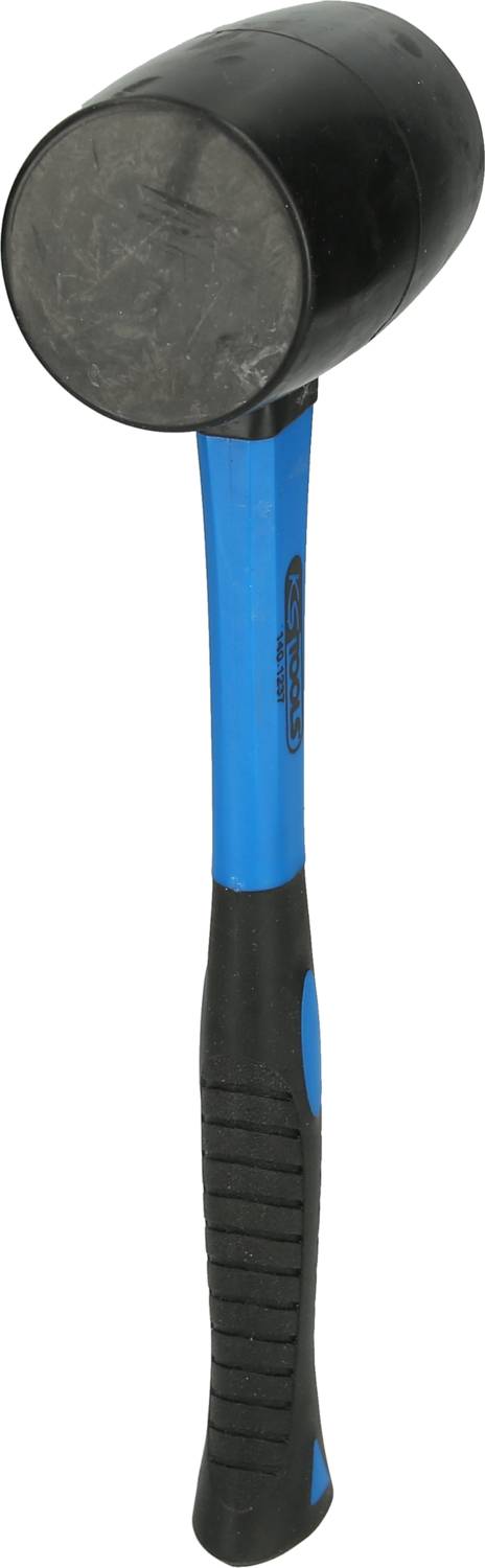 Ein schwarzer Gummihammer mit einem blauen Griff steht aufrecht, häufig verwendet für Bau- oder Montagearbeiten, um Oberflächen zu schonen.