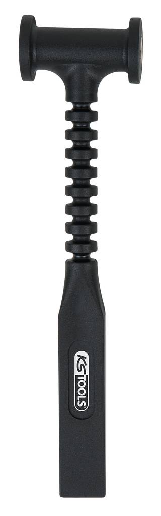 Ein schwarzer elastischer Hammer mit gerilltem Griff und Firmenlogo auf dem Griff.