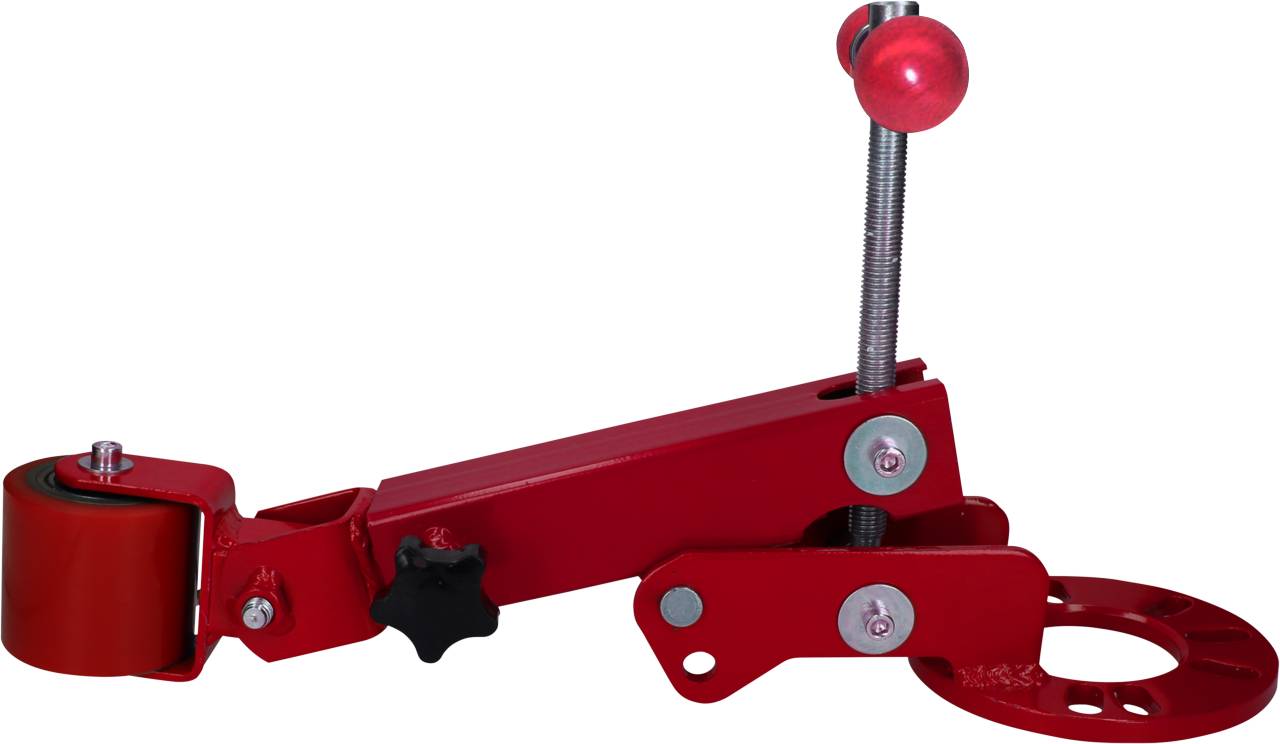 Rotes mechanisches Gerät mit einer beweglichen Rolle und Griffschraube, verwendet zur Positionierung oder Stabilisierung auf einer Oberfläche.