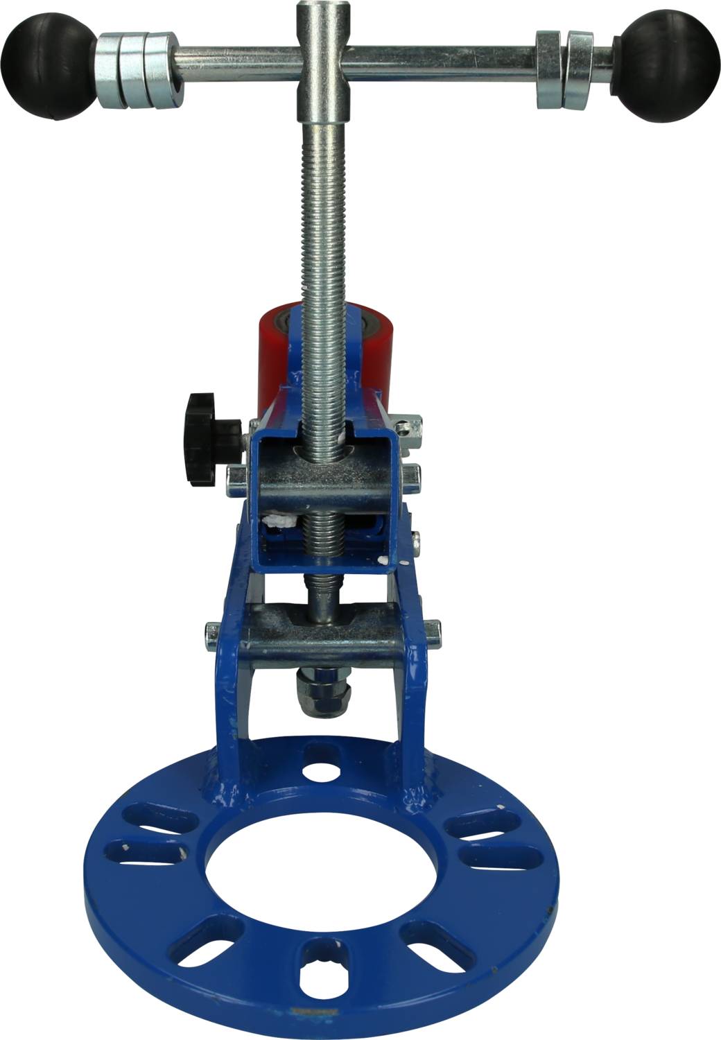 Blaue Bohrmaschine mit Druckmechanismus, rundem metallischen Standfuß und schwarzem Griff oben; Werkzeug zur Bodenmontage.