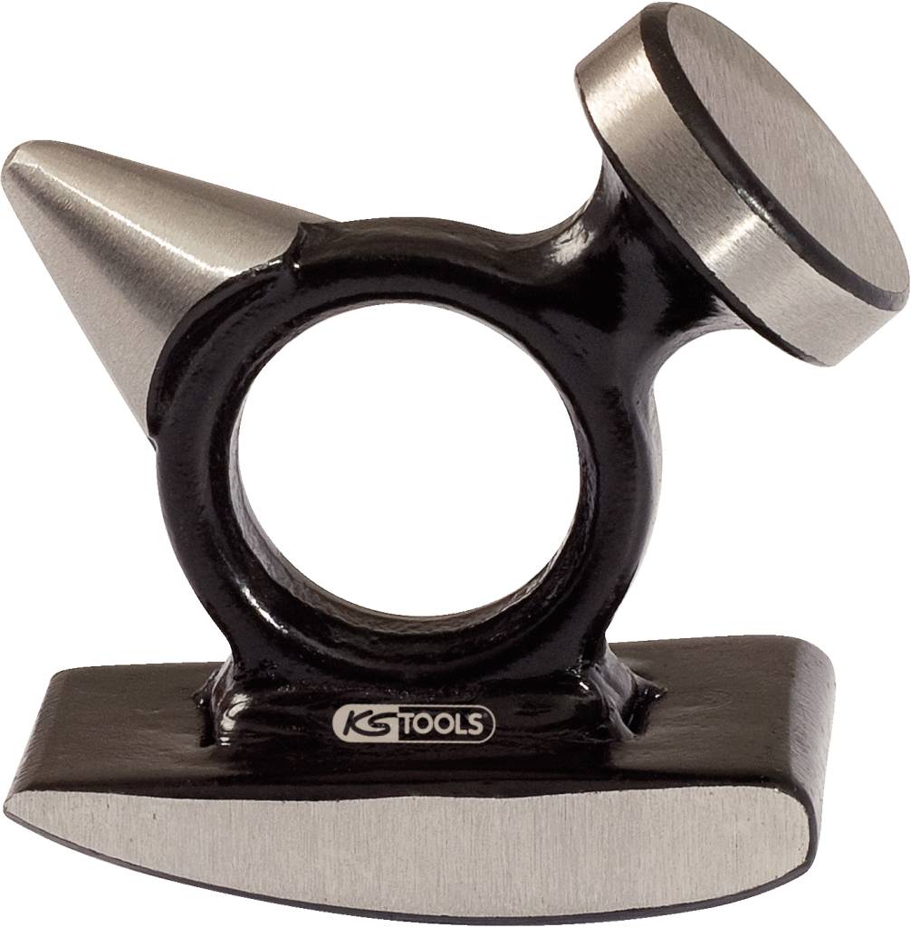 Ein kleiner Amboss mit zweiseitigem Kopf; eine flache und eine konische Spitze. Die Basis trägt die Aufschrift 'KS TOOLS'.