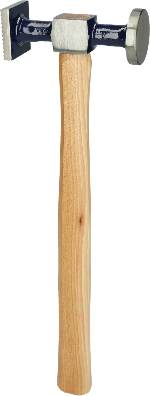Holzhammer mit blauem Metallkopf, zwei unterschiedlich geformte Schlagflächen, abgenutzter Griff in natürlicher Holzfarbe.
