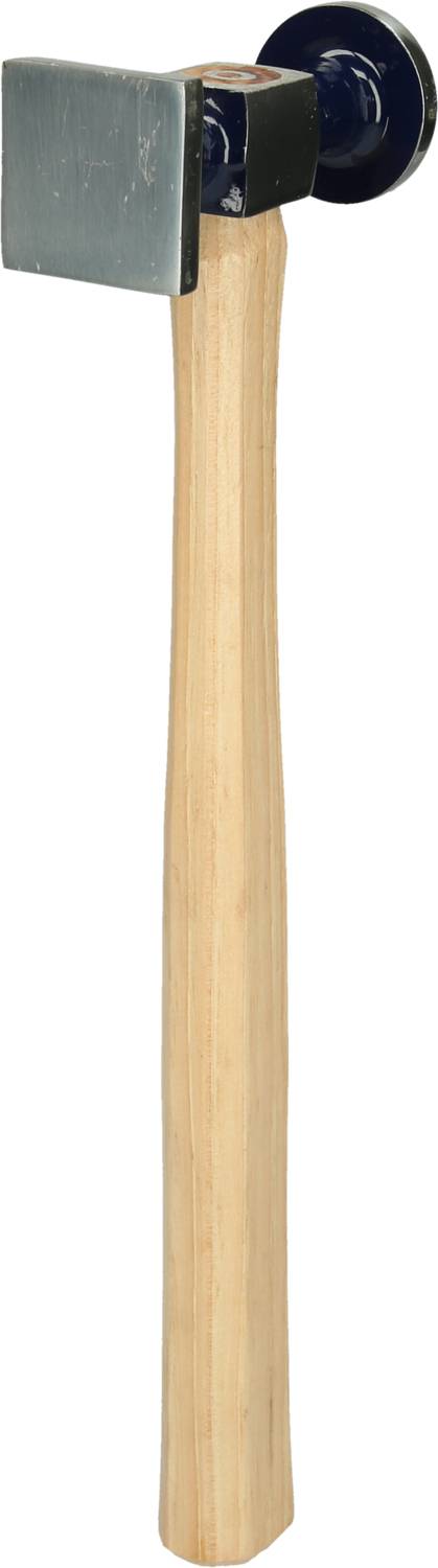 Ein Hammer mit einem Holzgriff und einem quadratischen Metallkopf; Werkzeug zur Bearbeitung von Materialien.