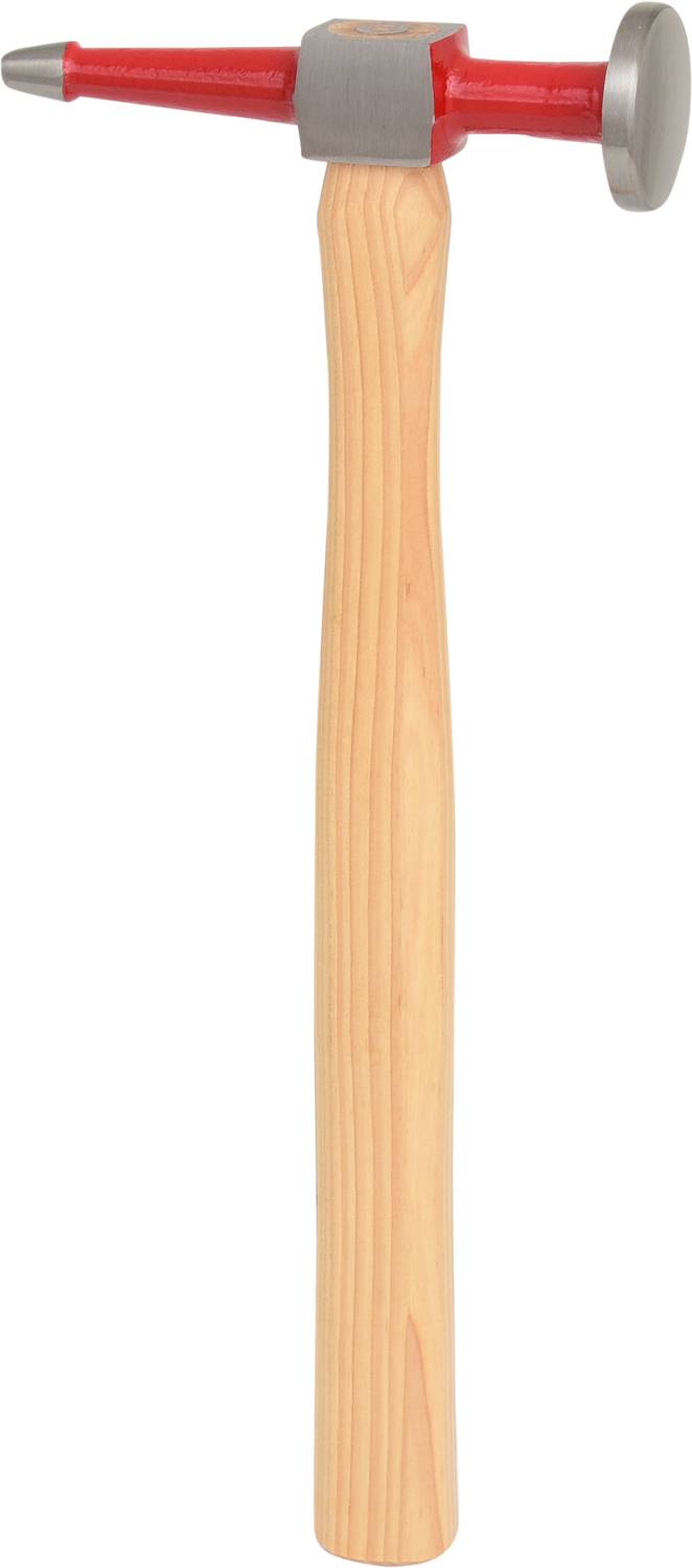 Ein Holzhammerschlaghammer mit rotem Kopf und spitzem Ende, geeignet für präzise Arbeiten im Handwerk oder Kunsthandwerk.