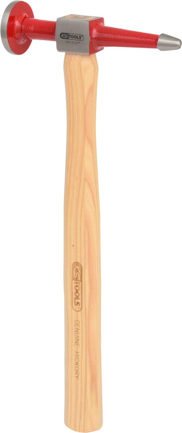 Ein Hammer mit rot lackiertem Kopf und Holzgriff, ideal für handwerkliche Arbeiten.