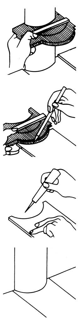 Drei Illustrationen: 1) Handsäge schneidet horizontal ein Rohrstück. 2) Marker zeichnet entlang einer Schablone am Rohr. 3) Schneider schneidet Rohr entlang Markierung.