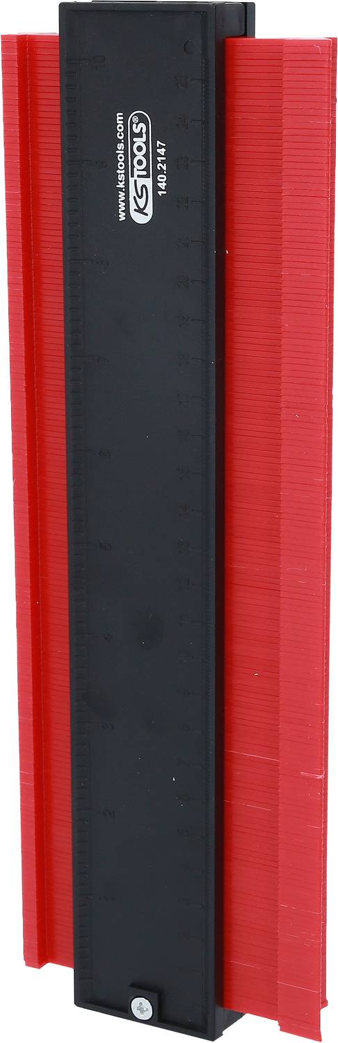 Ein rotes Konturenlehre-Werkzeug mit schwarzem Griff, verwendet für das Abzeichnen von Profilen und Konturen in handwerklichen Arbeiten.