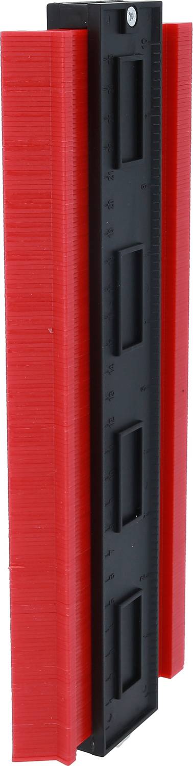 Ein rotes und schwarzes Konturmessgerät zur Profilerstellung, mit flexiblen Nadeln zur exakten Erfassung komplexer Formen.