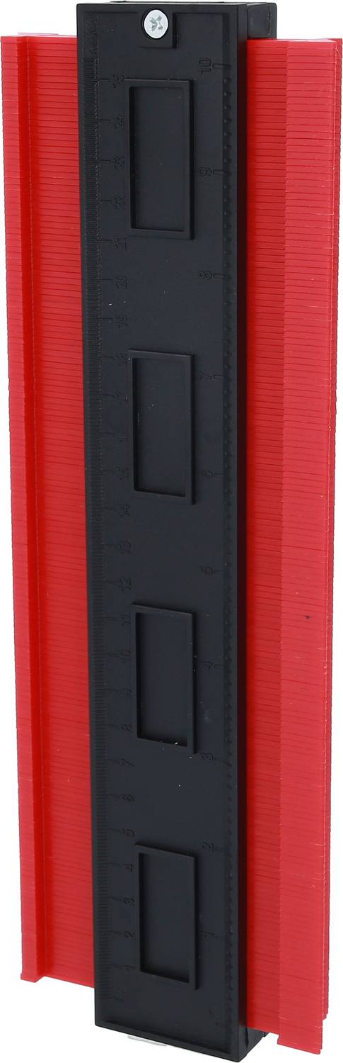 Ein Konturenlehrwerkzeug mit roten Stiften und einem schwarzen Mittelstück, verwendet zur Abtastung und Übertragung unregelmäßiger Formen.