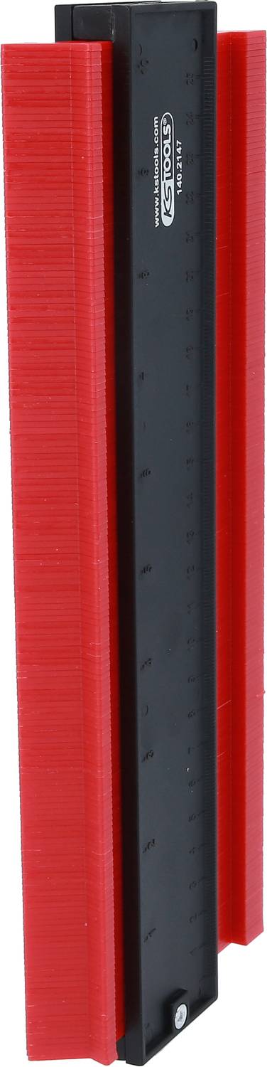 Ein Konturenlehrenmessgerät mit rotem Kunststoffrahmen und schwarzer Skala. Dieses Werkzeug wird zur präzisen Konturerfassung verwendet.