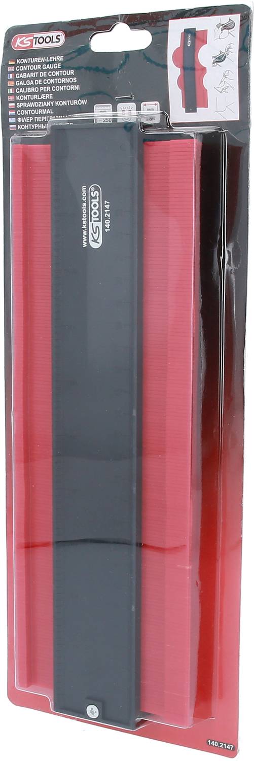 Verpackte rote Konturenlehre von 'KS TOOLS' zum Abtasten von Formen bei Holz-, Metall- und Fliesenarbeiten. 30 cm lang.