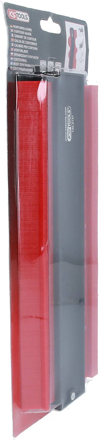 Ein Konturenlehre-Werkzeug in schwarzer und roter Farbe, verpackt in einer transparenten Kunststoffverpackung mit Pappkarte oben.