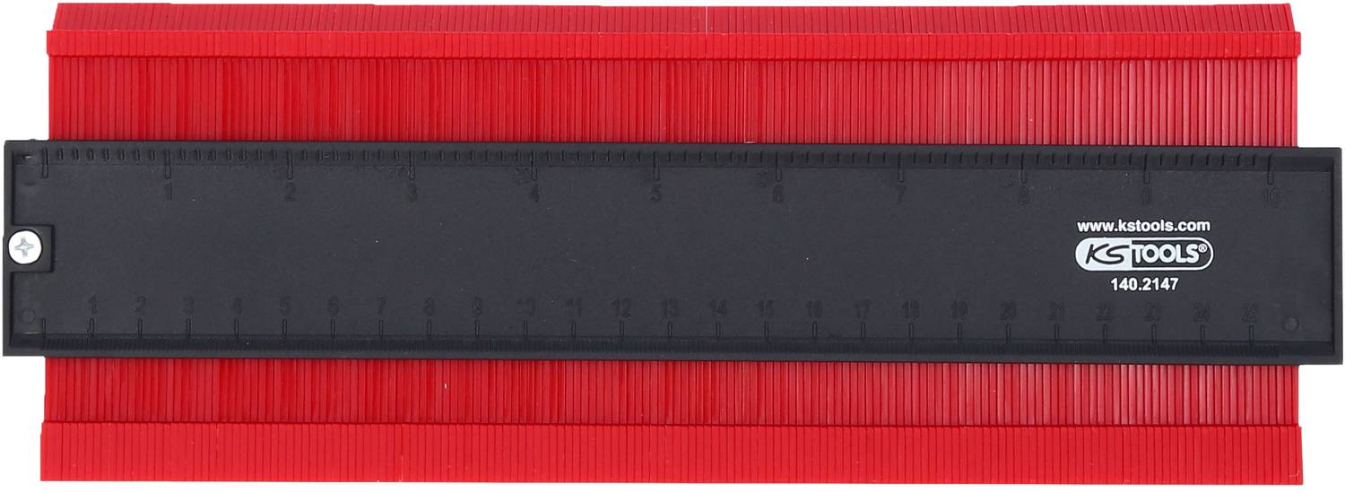 Ein roter Konturenlehre-Messschieber mit schwarzer Skala von 'KS Tools', verwendet zum Übertragen von Konturen auf Werkstücke.