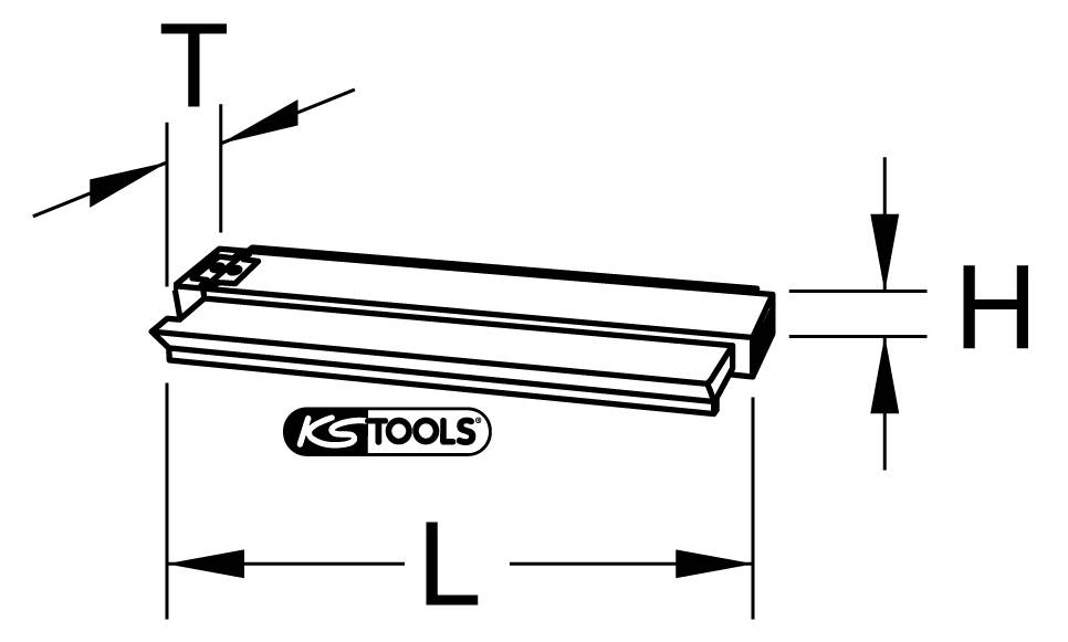 Diagramm eines Werkzeugs mit den Markierungen für Höhe (H), Breite (T) und Länge (L). Unten ist das Logo 'KSTools' abgebildet.