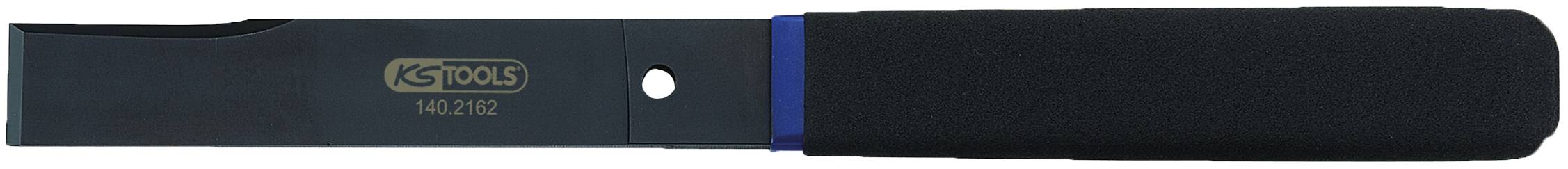 Ein schwarzer Kunststoffkeil mit einer blauen Linie, verwendet als Werkzeug zur Montage oder Demontage von Verkleidungsteilen.