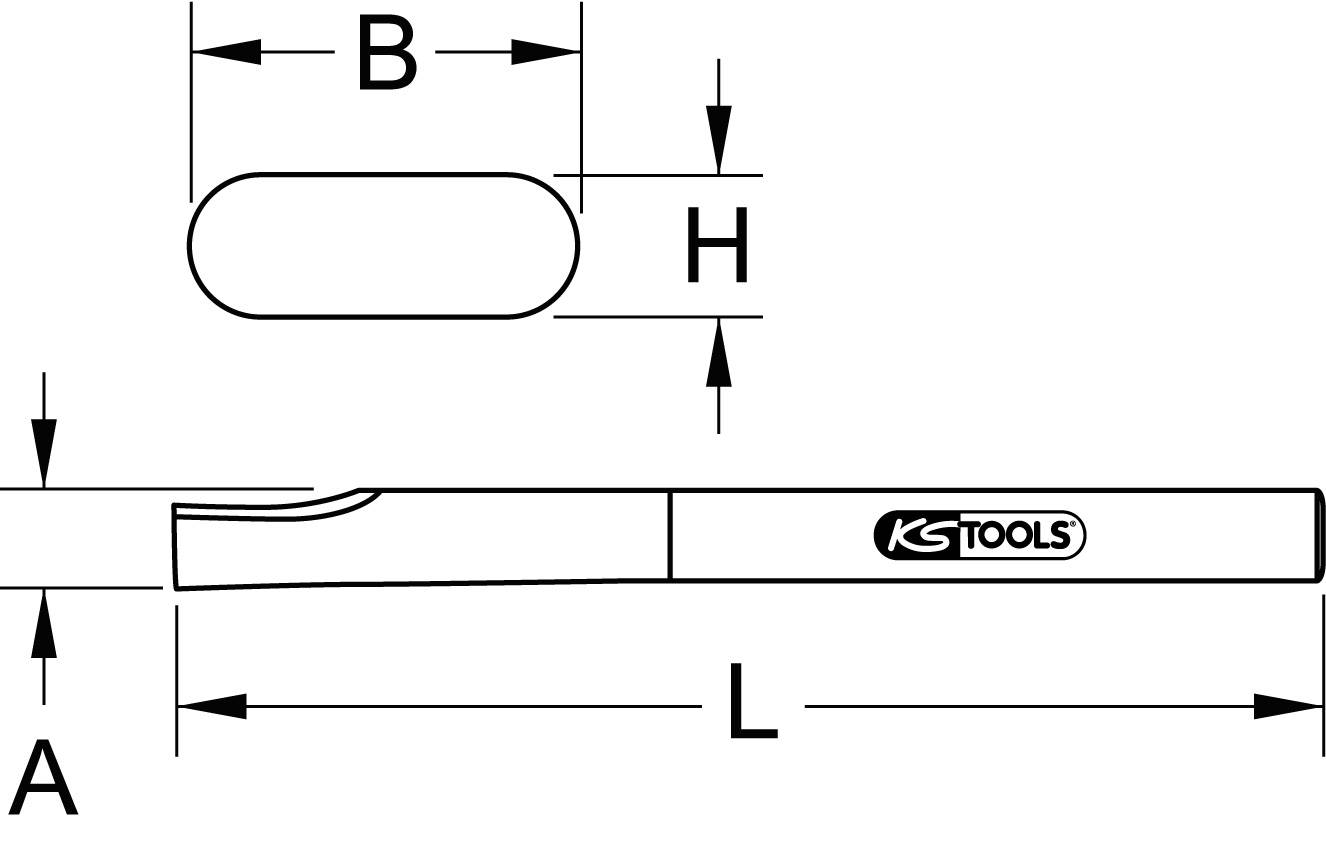 Technische Zeichnung eines Werkzeugs mit Maßen: Länge (L), Breite (B), Höhe (H), und Abstand (A). Tool-Logo oben rechts.