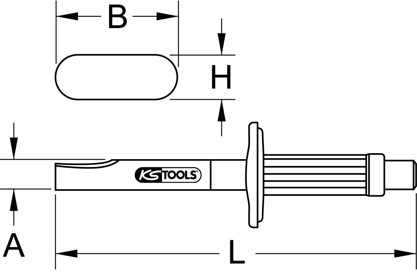 Technische Zeichnung eines Werkzeugs mit Maßen A, B, H, L. Der Griff ist gerillt und trägt die Marke 'KS TOOLS'.