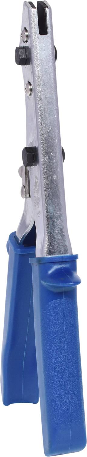 Ein silbernes Werkzeug mit blauen Griffen, vermutlich eine Lochzange.