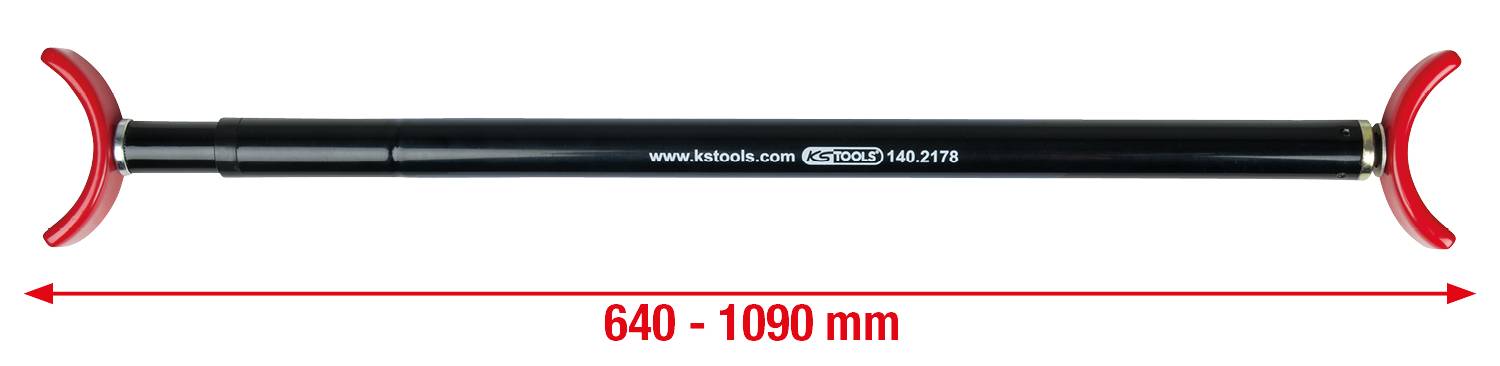 Teleskop-Stütze, schwarz, ausziehbar von 640 bis 1090 mm, mit roten Enden. Geeignet für Anwendungen im Bauwesen oder Heimwerken.