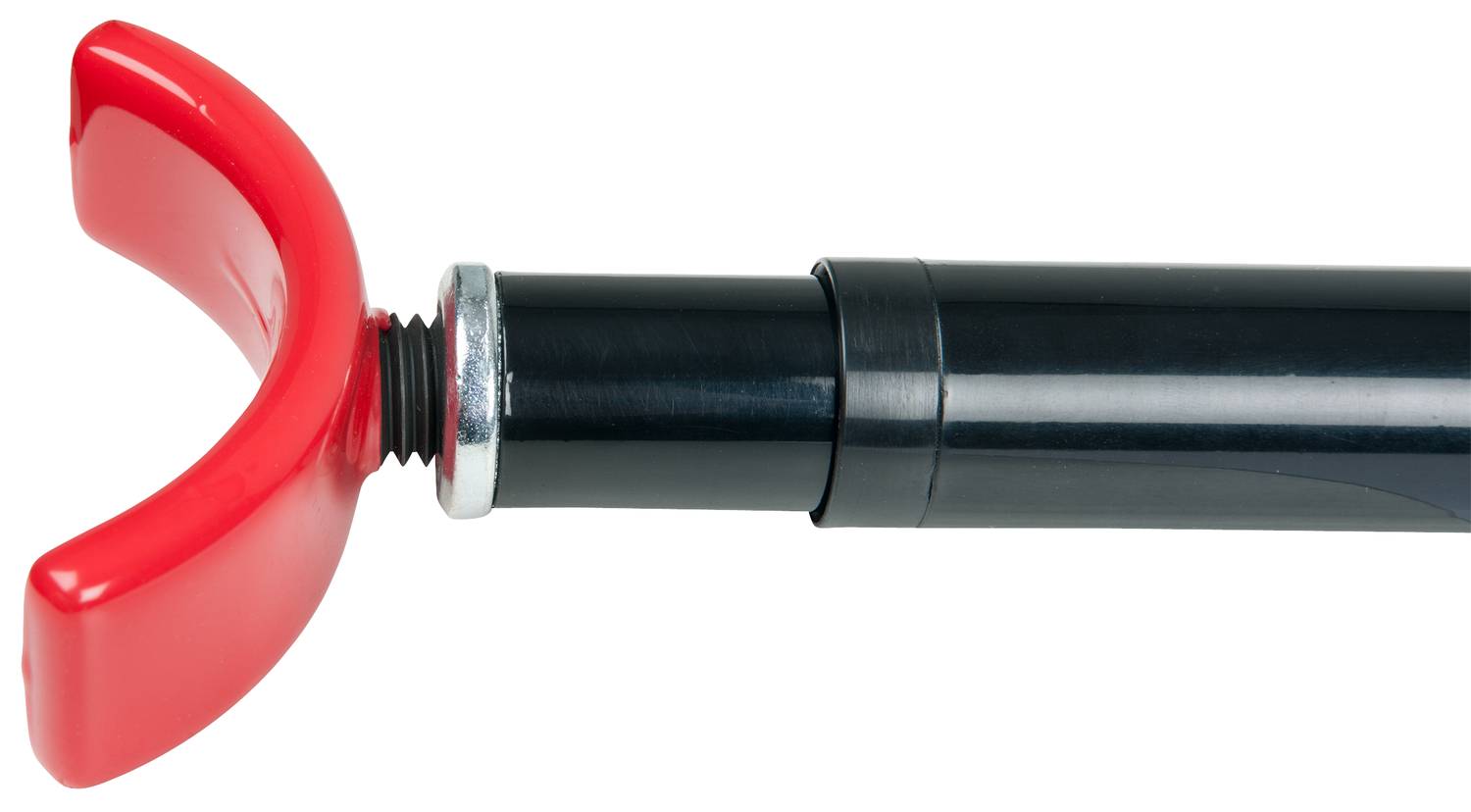 Ein roter Mundschutz an einem schwarzen Stab, möglicherweise Teil einer Sportausrüstung.