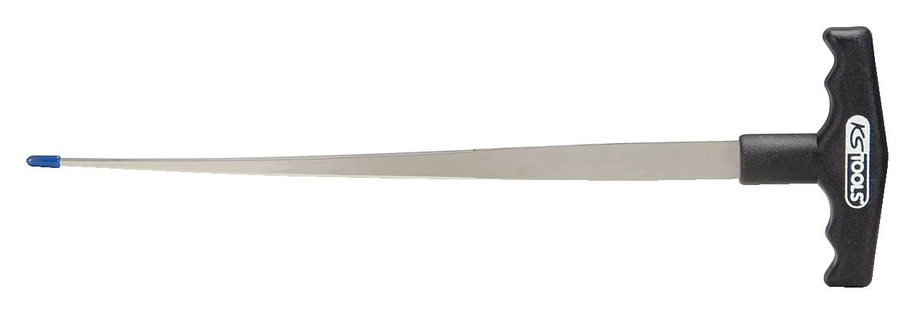 Ein langer, dünner Stab mit einem schwarzen T-Griff und blauer Spitze.