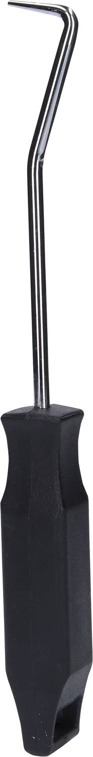 Handwerkzeug mit schwarzem Griff und gebogenem Metallhaken, verwendet zum Heben oder Halten kleinerer Objekte.