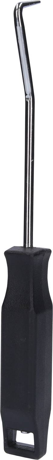 Ein Metallwerkzeug mit gebogenem Haken und schwarzem Griff, häufig verwendet für präzise Arbeiten oder zum Entfernen von Dichtungen.