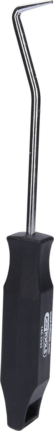 Ein Werkzeug mit gebogenem Metallhaken und schwarzem Griff, verwendet zum Entfernen oder Anpassen kleiner Gegenstände.