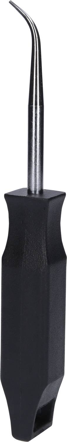 Ein kleiner, gebogener Metallhaken mit schwarzem Kunststoffgriff, oft für Feinmechanik oder Wartungsarbeiten verwendet.