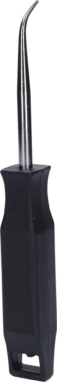 Ein Dentalwerkzeug mit einem gebogenen, spitzen Metallende und schwarzem Kunststoffgriff, verwendet zur Zahnreinigung oder Kontrolle.