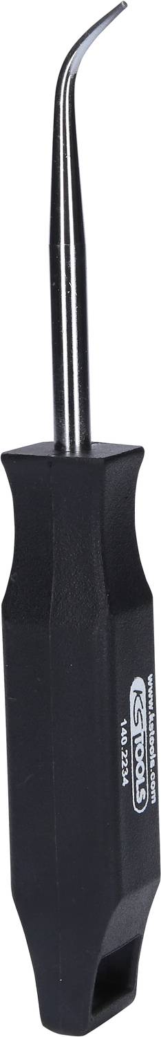 Ein Metallwerkzeug mit gebogenem, scharfem Ende und schwarzem Griff. Geeignet für präzises Arbeiten oder Hebeln kleiner Gegenstände.