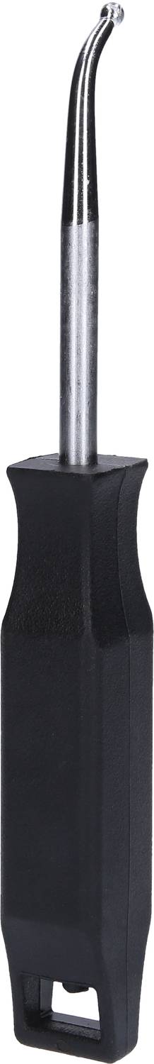 Zahnpflegewerkzeug mit schwarzem Griff und gebogener Metallspitze, verwendet für die Reinigung zwischen den Zähnen.