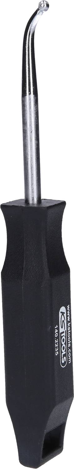 Schwarzes Werkzeug mit gebogenem Metallhaken an einem Ende, ergonomischer Griff für präzises Arbeiten in handwerklichen Anwendungen.