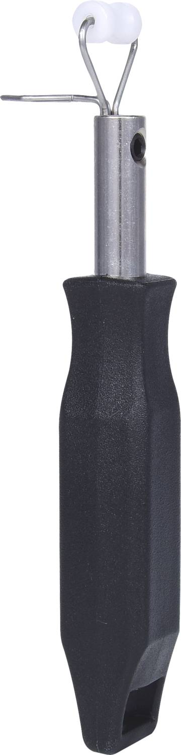Werkzeug mit schwarzem, ergonomischem Griff und silbernem Metallschaft, das zum Entfernen von Faden oder Nähten verwendet wird.