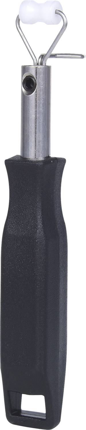Ein schwarzer Griff mit einem Metallaufsatz und einem weißen, runden Kopf. Das Werkzeug wirkt präzise und handlich.