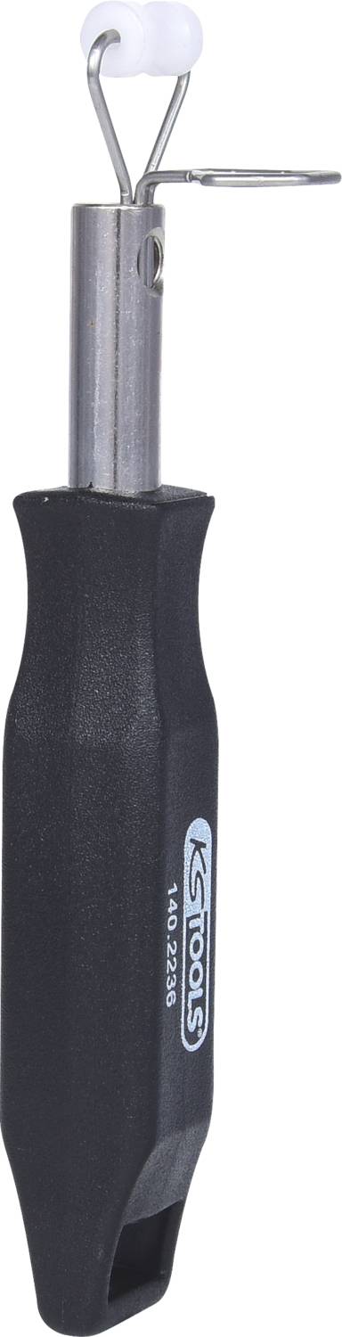 Ein schwarzes Werkzeug mit Kunststoffgriff und Metallhaken, vermutlich ein Abzieher für Federn oder ähnliche Kleinteile.