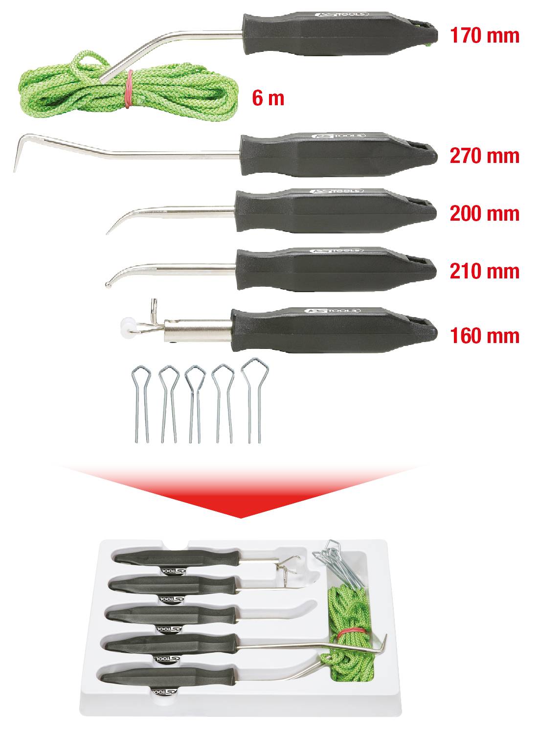 Werkzeugset mit fünf unterschiedlich gebogenen Werkzeugen und Griffen, grüne 6 m Schnur und sieben Metallklammern auf Plastiktablett.