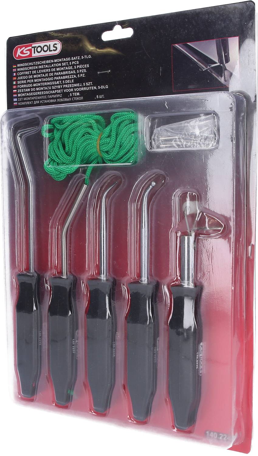 Ein Set von fünf Kfz-Montagewerkzeugen mit schwarzen Griffen, enthalten in Blisterverpackung, inklusive grünem Seil und Plastikteil.