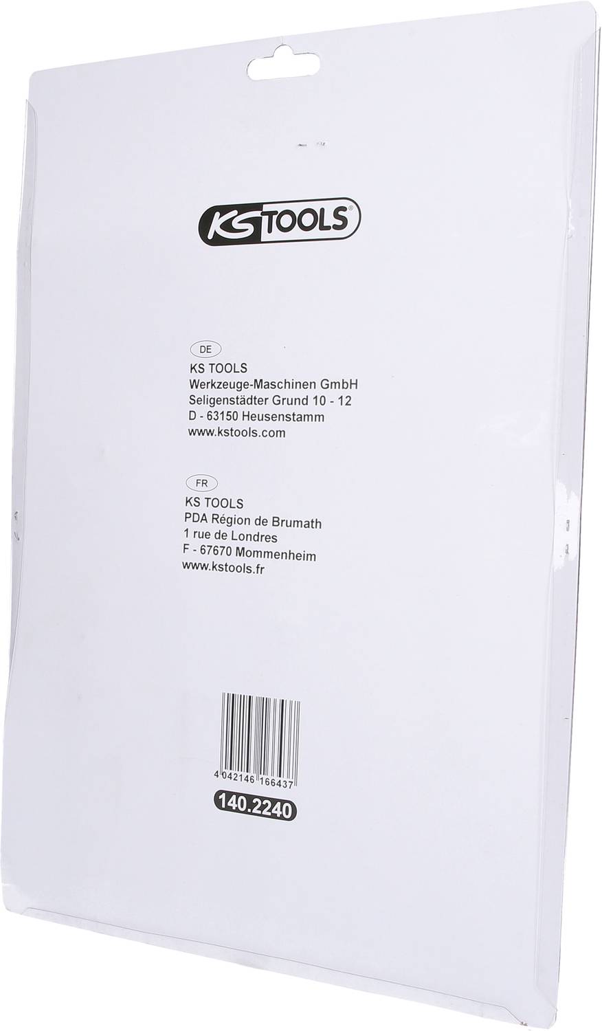 Eine weiße Verpackung von KS Tools mit Logo und Kontaktdaten wie Adresse und Website.