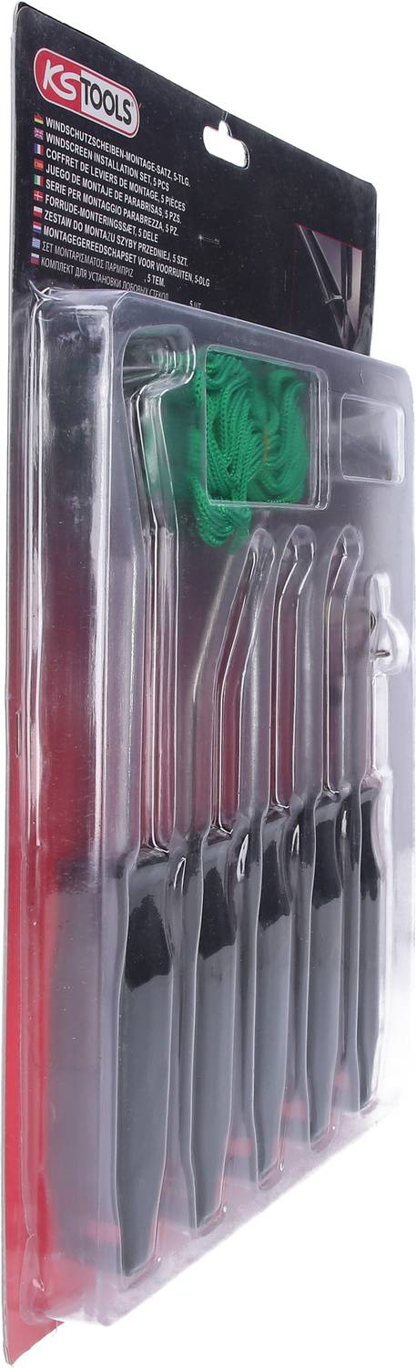 'KS Tools' Haken- und Werkzeugset, bestehend aus fünf schwarzen Werkzeugen mit gebogenen Spitzen in Kunststoffverpackung.