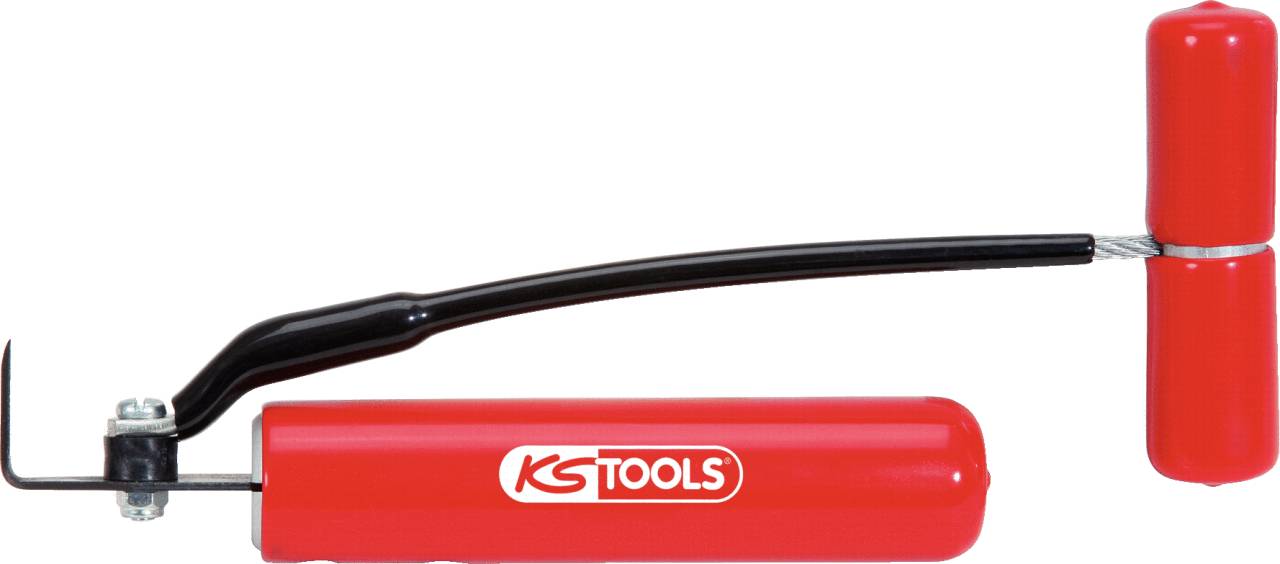 Ein rot-schwarzer Fassroller von KS Tools mit Griff, zum einfachen Bewegen von Fässern.