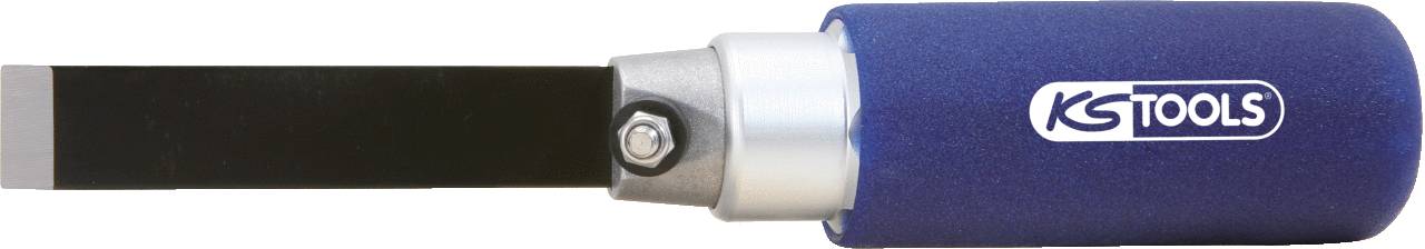 Ein flacher Spachtel mit schwarzer Klinge und blauem Griff, mit dem Logo 'KS Tools'. Geeignet für präzise Arbeiten.