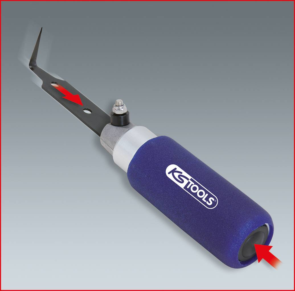 Auto-Demontage-Werkzeug mit blauer Griffpolsterung und Metallklinge mit Hakenform. Rote Pfeile heben Klingenmerkmale hervor.